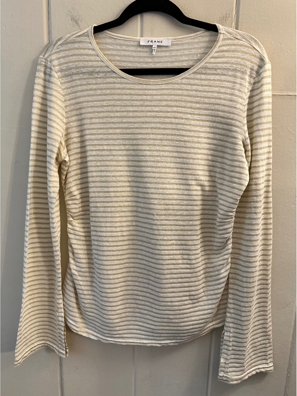 FRAME Metallic Gold Cream Striped Ruched Linen Top Split Bell Sleeve Large EUC